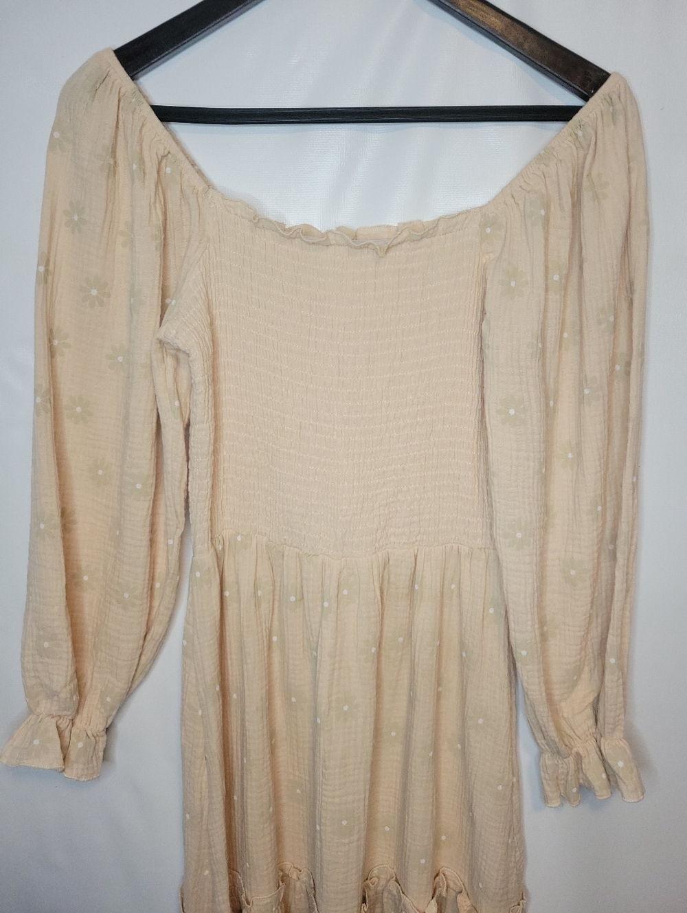 Cotton Textured Blush Cream Long Sleeve Maxi Dress With Smocked Bodice - Picture 4 of 12